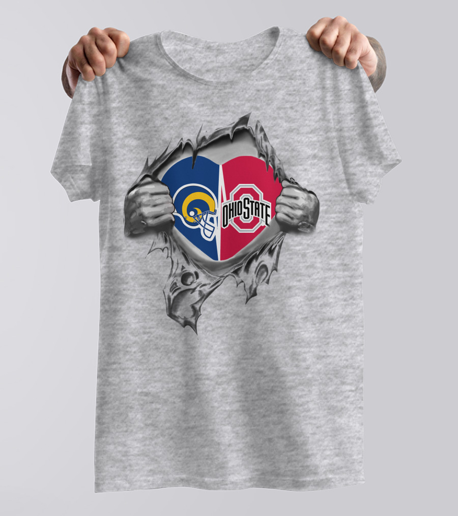 Rams Ohio State Heart Logos Tearing Through Fabric T-Shirt