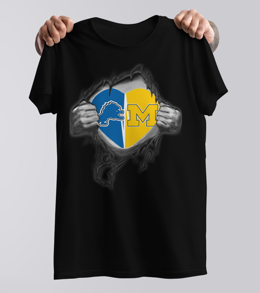 Detroit Lions Michigan Wolverine Heart Fusion T-Shirt