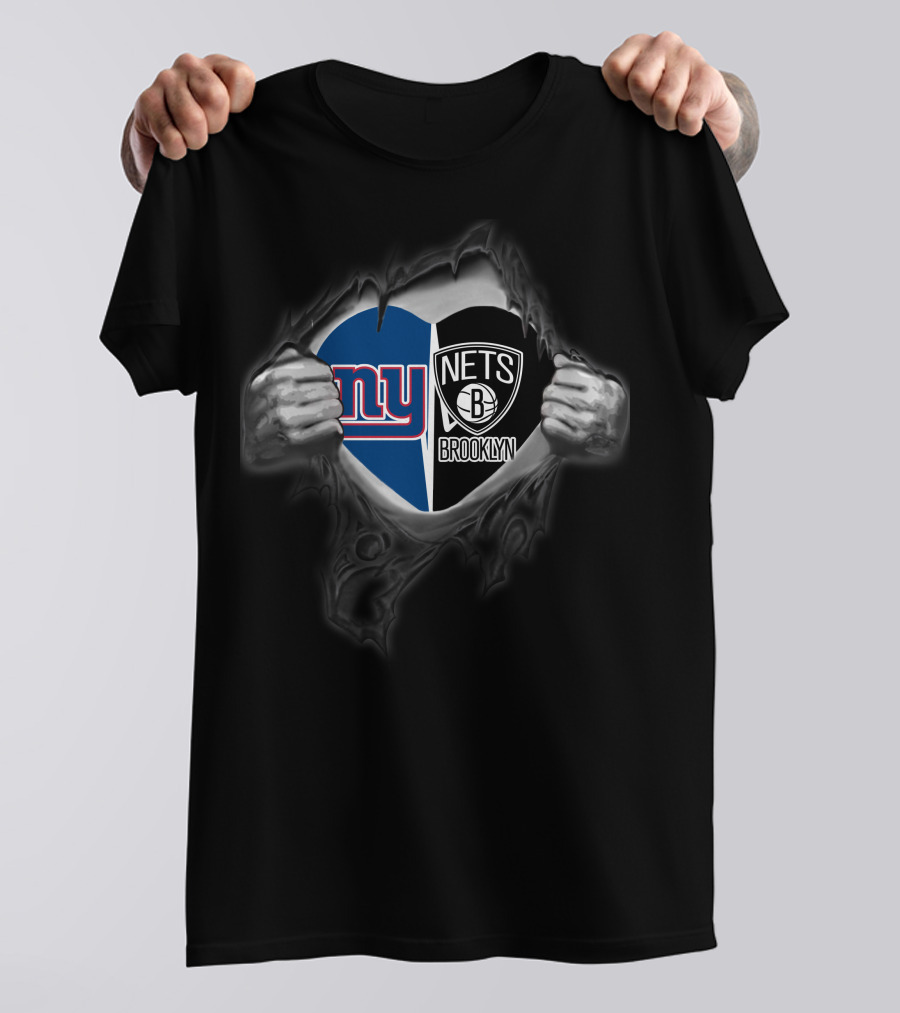 New York Giants Brooklyn Nets Heart Symbol Logo Fusion T-Shirt