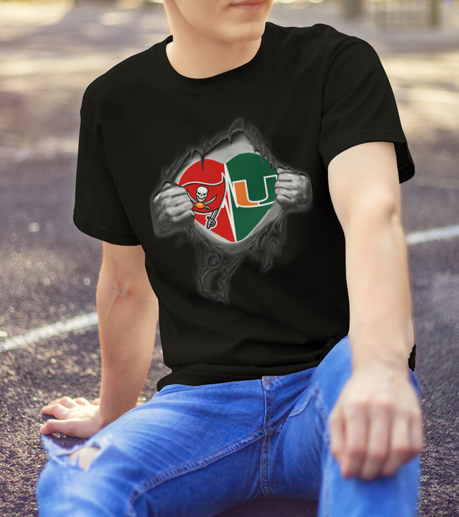 Tampa Bay Buccaneers Miami Hurricanes Heart Torn T-Shirt