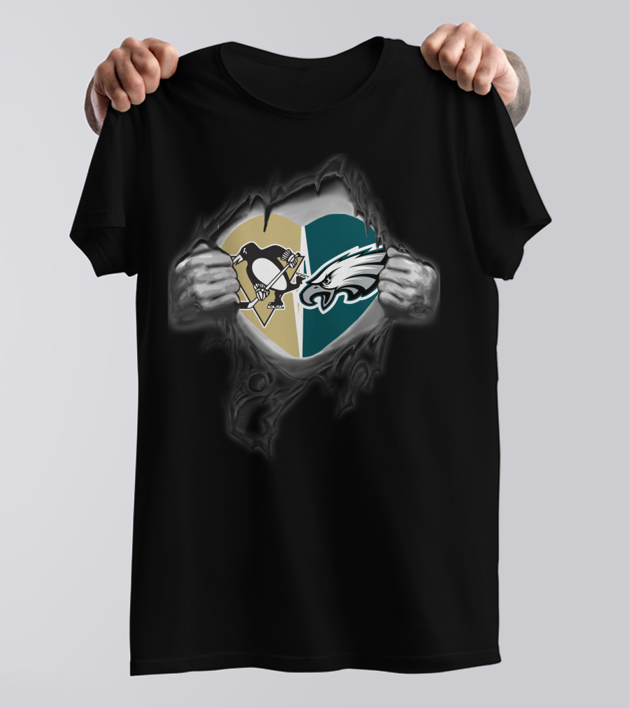 Philadelphia Eagles Pittsburgh Penguins Heart Combination T-Shirt
