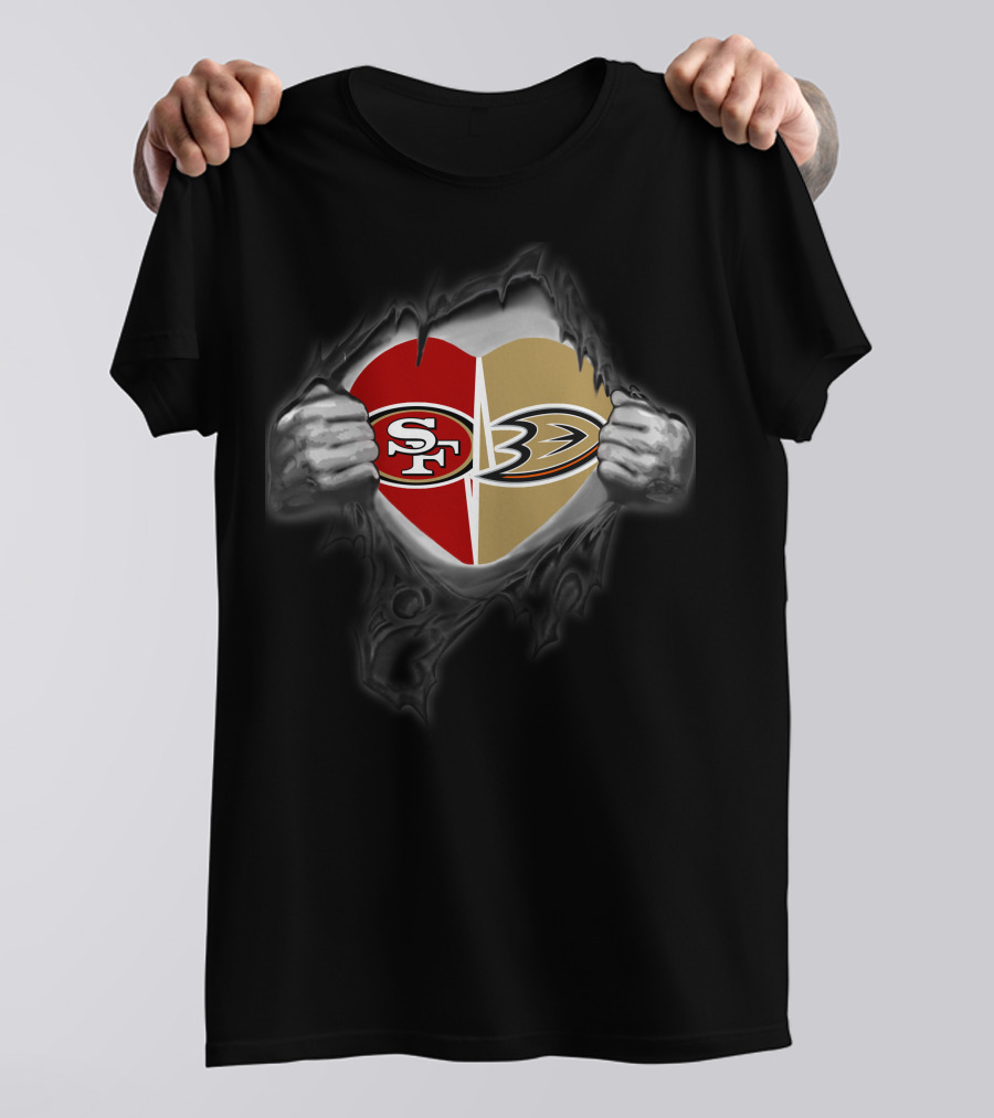 Sf 49ers Anaheim Ducks Heart With Ripped Hands T-Shirt