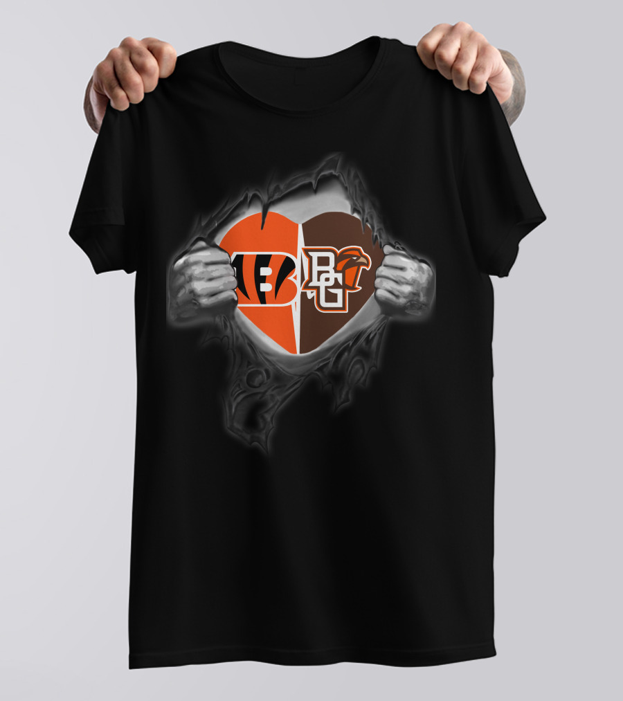 Bengals Bowling Green Falcons Heart Split Logos United T-Shirt