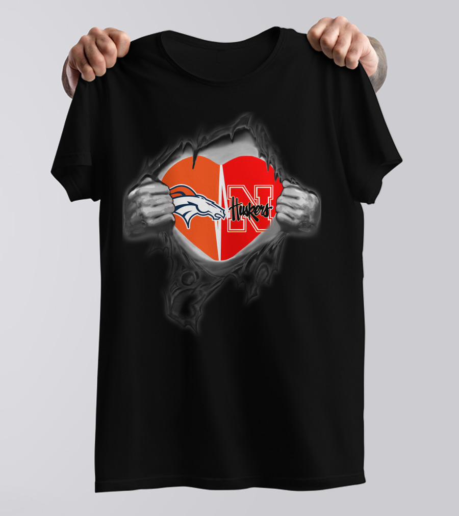 Broncos Huskers Logo Heart Rip T-Shirt