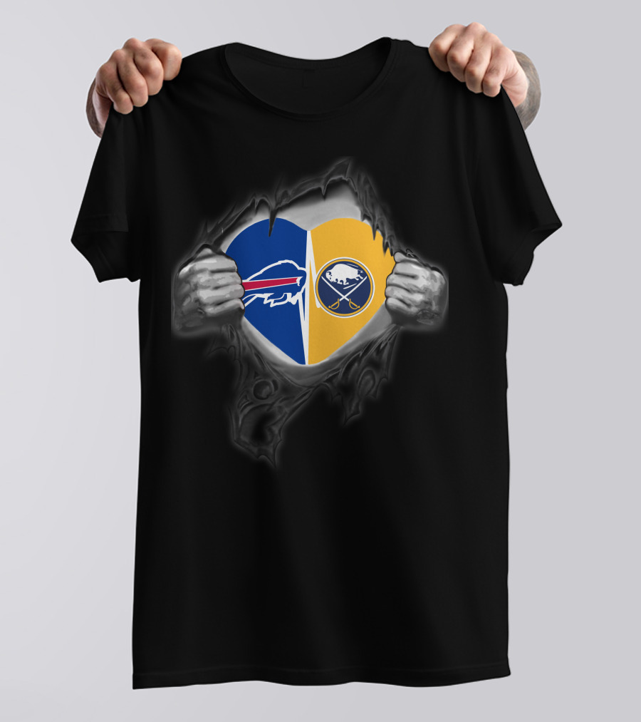 Buffalo Bills Sabres Dual Heart Symbol With Team Logos T-Shirt