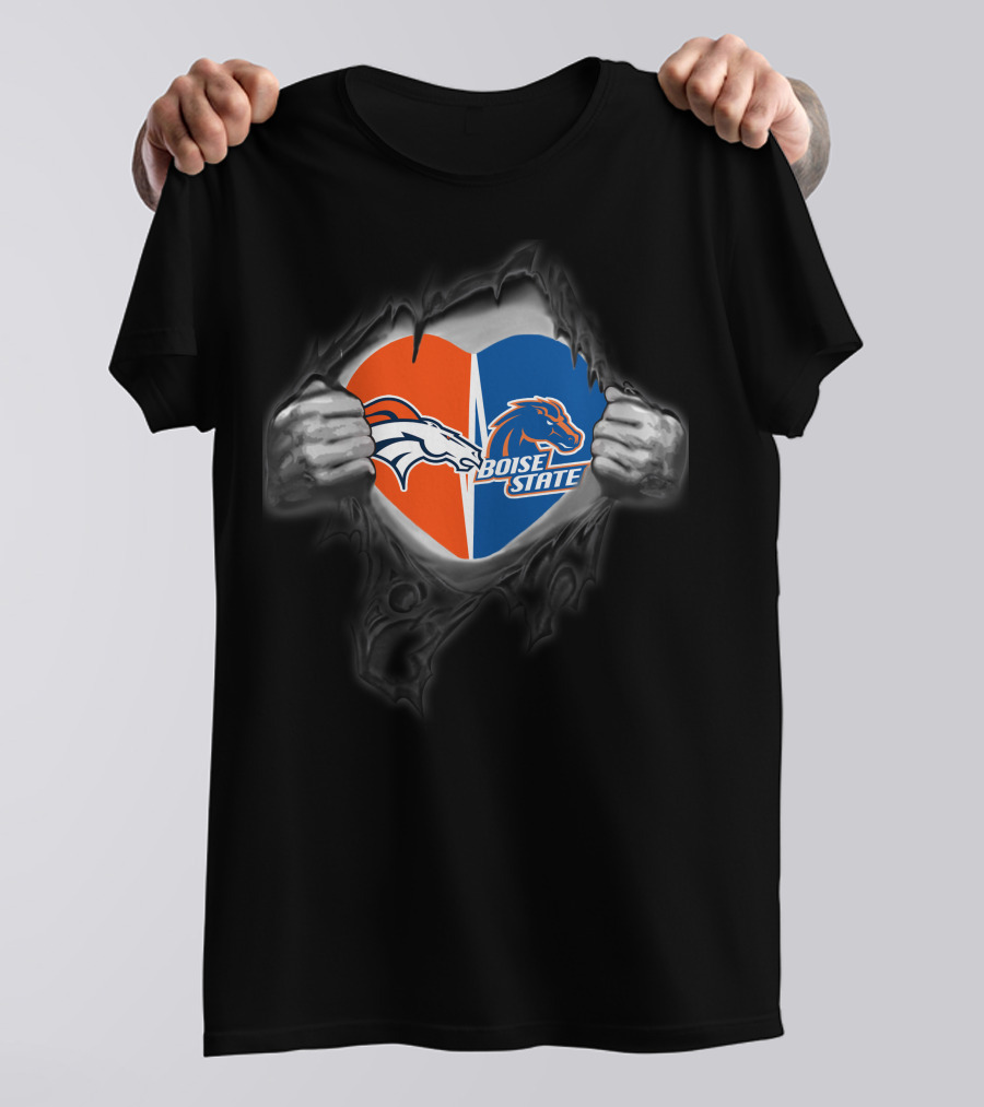 Denver Broncos Boise State Heart Split Logos Torn Chest T-Shirt