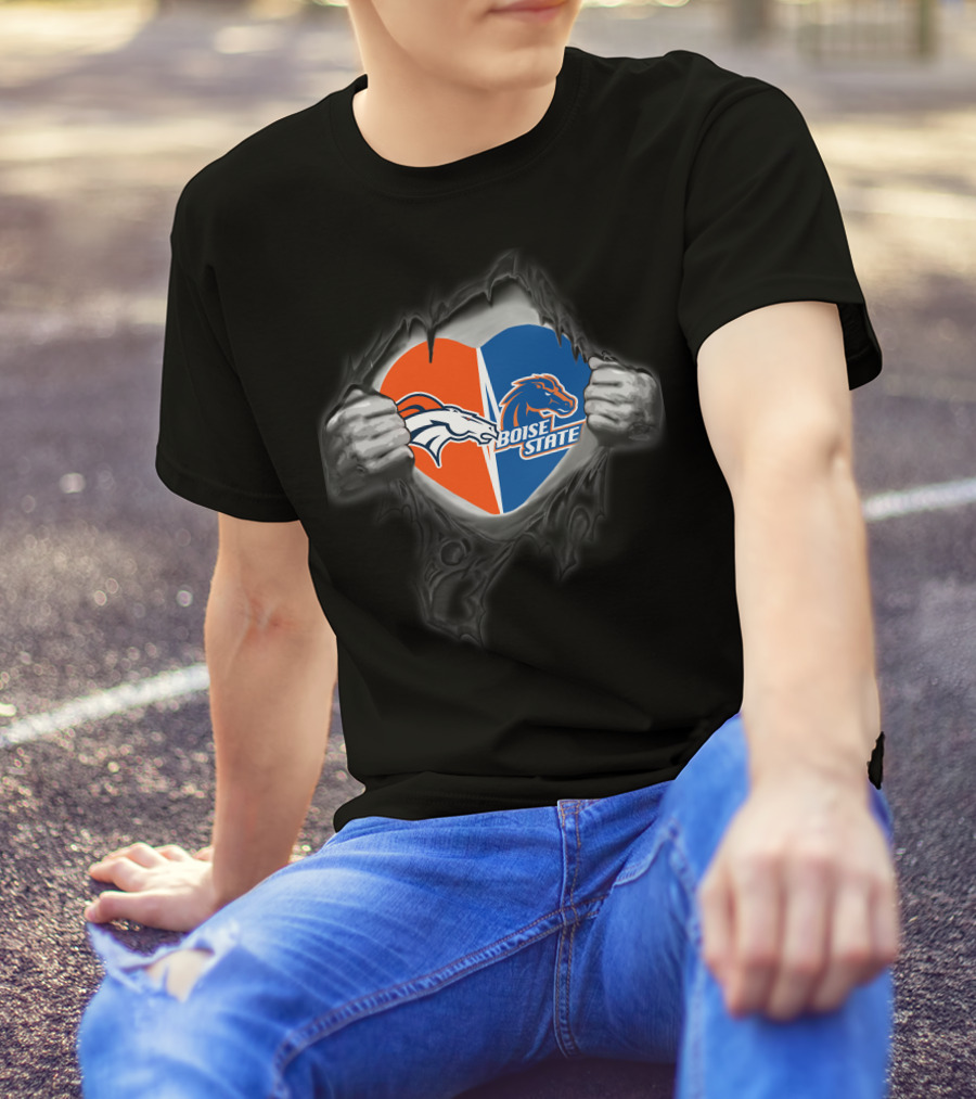 Denver Broncos Boise State Heart Split Logos Torn Chest T-Shirt