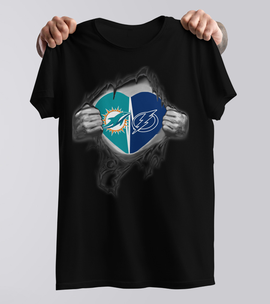 Miami Dolphins Tampa Bay Lightning Heart Unity T-Shirt
