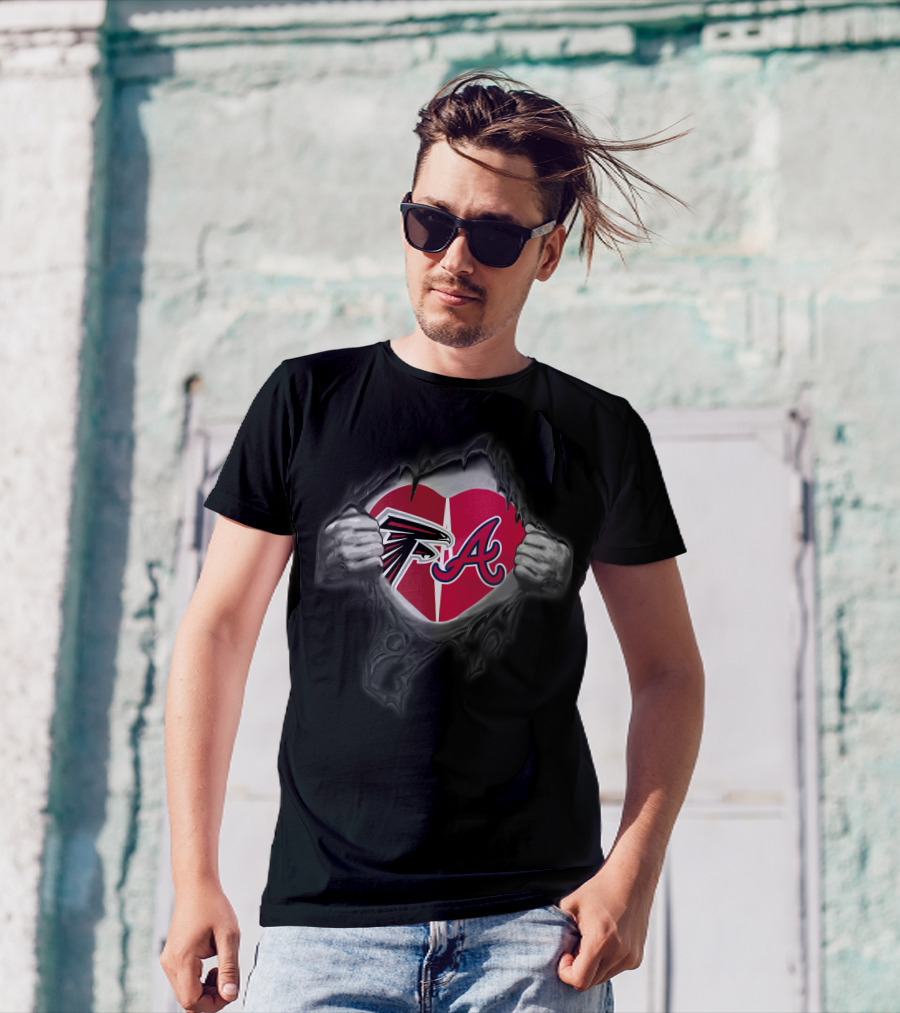 Falcons Braves Heart With Logos Inside Ripped Chest T-Shirt
