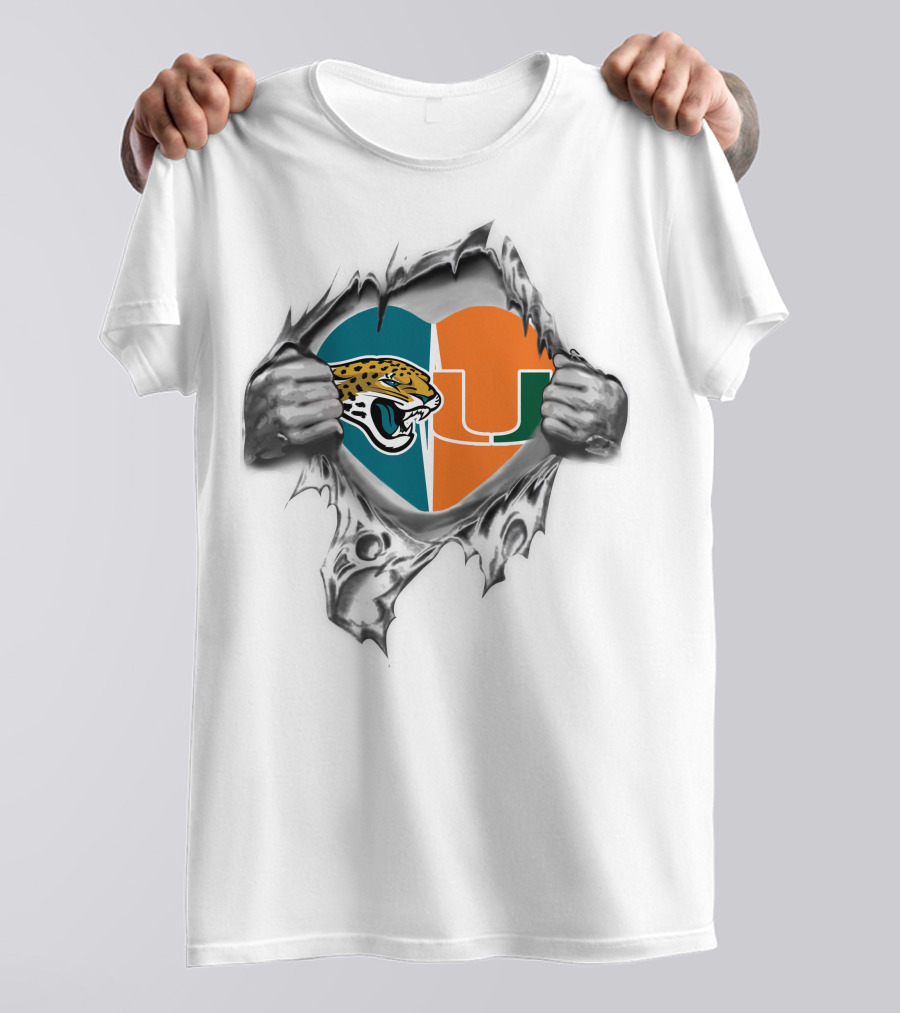 Jaguars Miami Hurricanes Heart Symbol Ripping T-Shirt