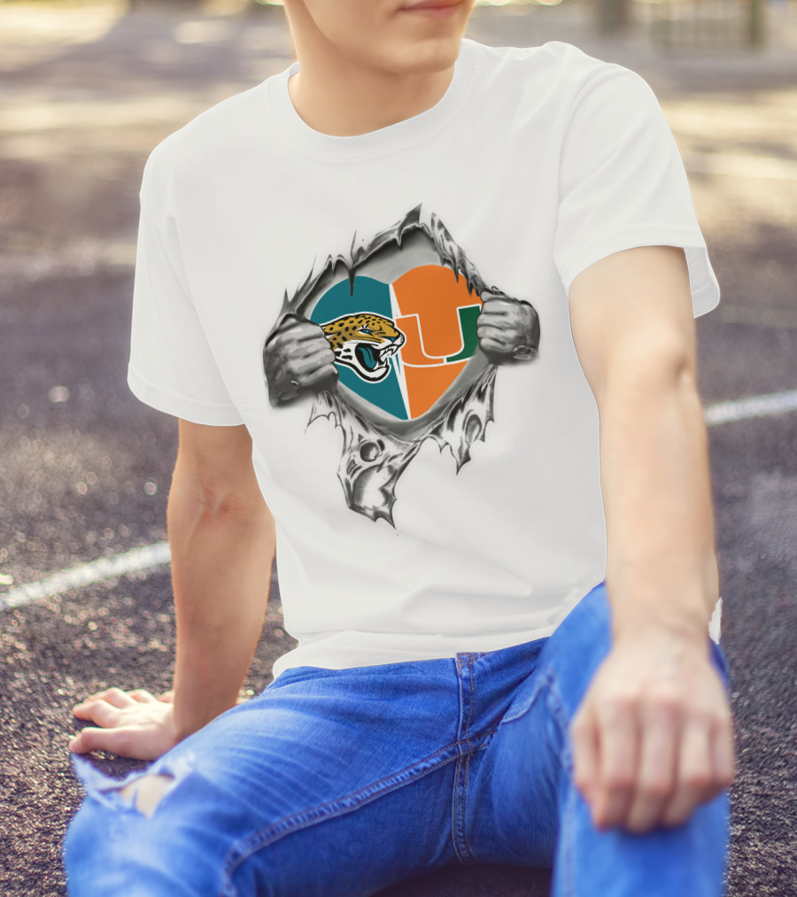 Jaguars Miami Hurricanes Heart Symbol Ripping T-Shirt