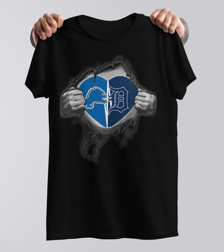 Lions Tigers Heart Logo Design Showcasing Detroit Teams Passion T-Shirt