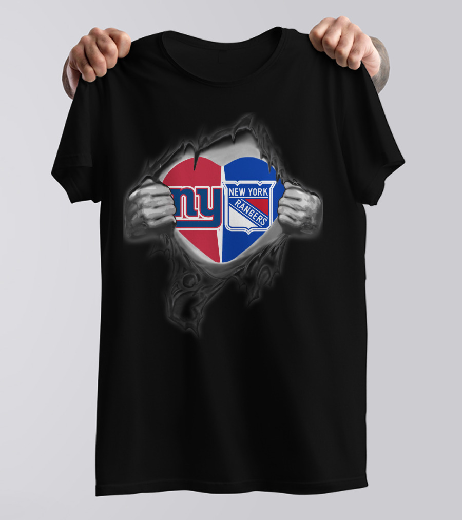 New York Giants Ny And New York Rangers Heart Torn Fabric T-Shirt