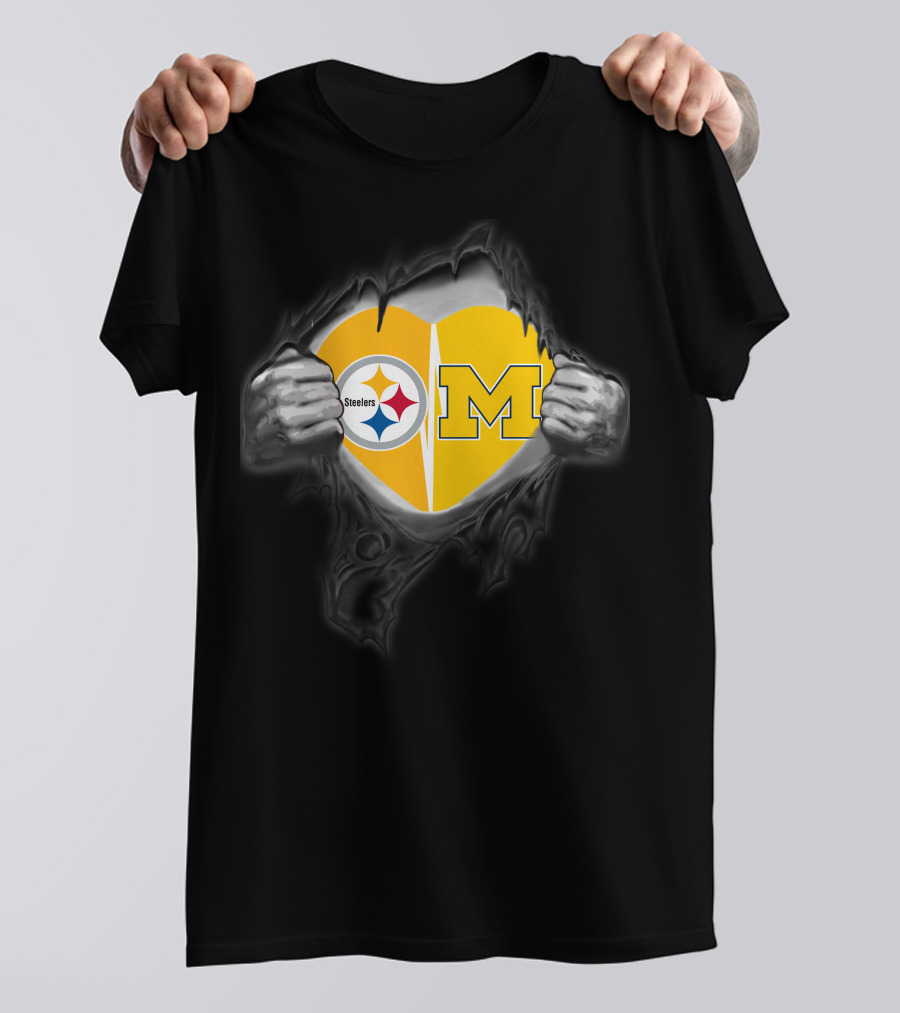 Steelers And Michigan Heart Symbol Inside Ripped Skin T-Shirt
