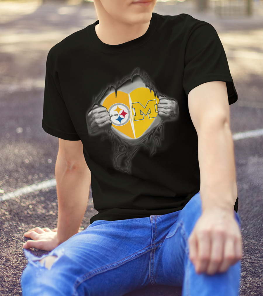 Steelers And Michigan Heart Symbol Inside Ripped Skin T-Shirt