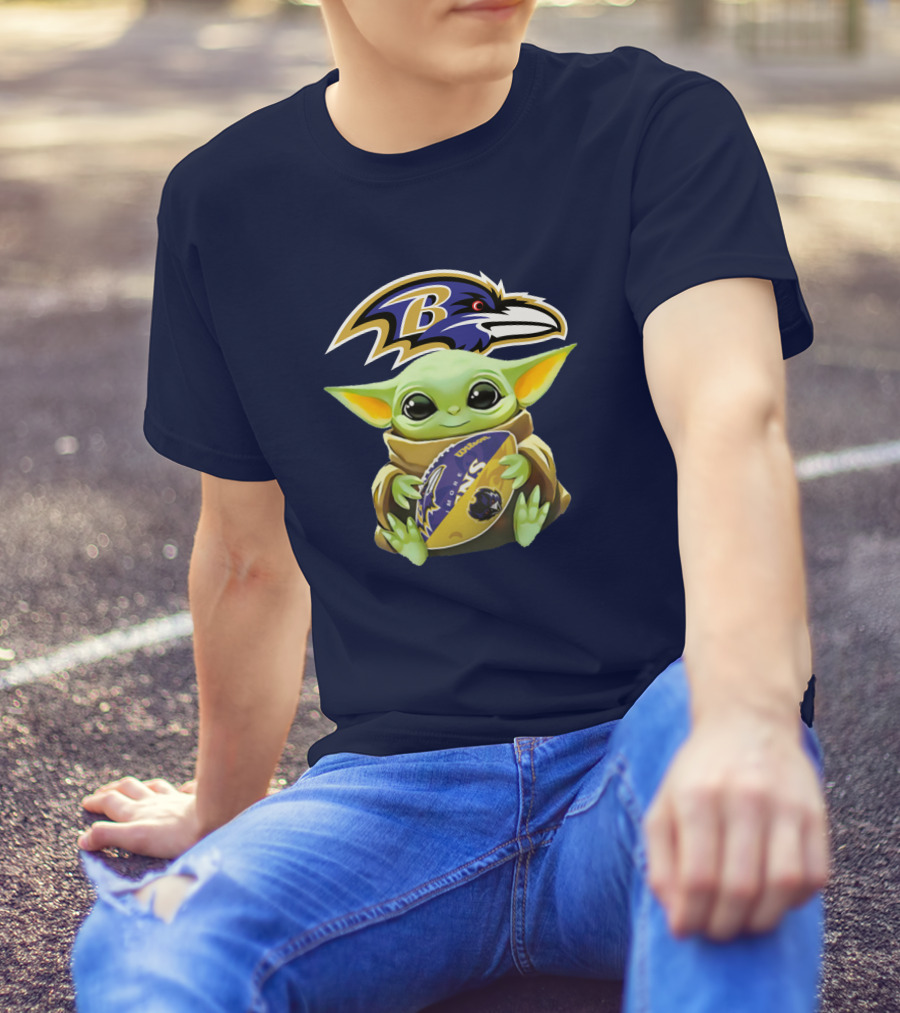 Baltimore Ravens Baby Yoda Holding Football With Team T-Shirt