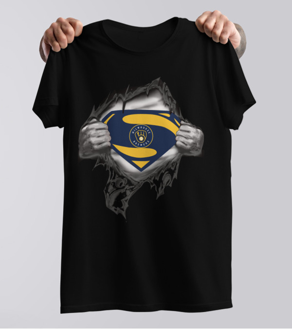 Milwaukee Brewers Superman Logo Rip Open Suit T-Shirt