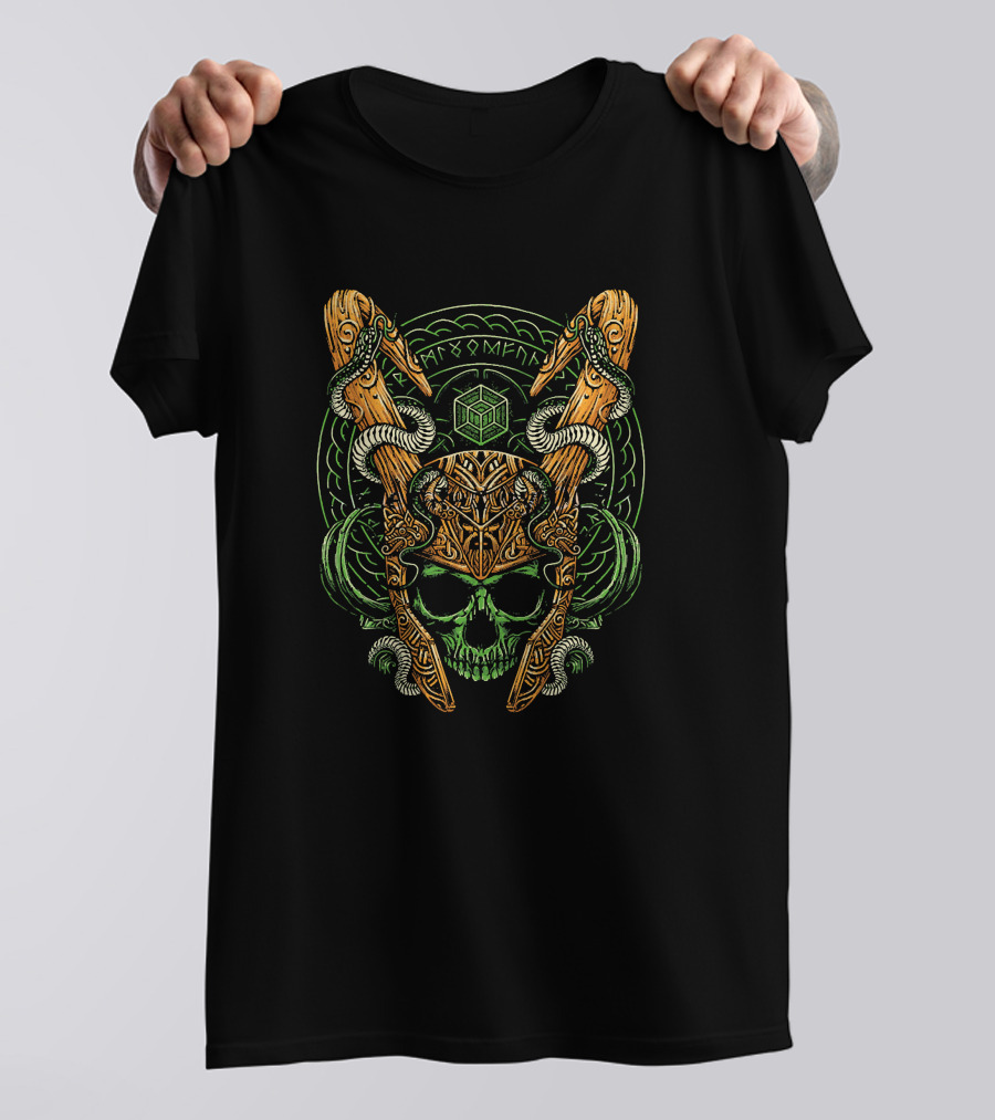 Loki Madness And Mischief Norse Helm Skull Serpents Runes Cube T-Shirt