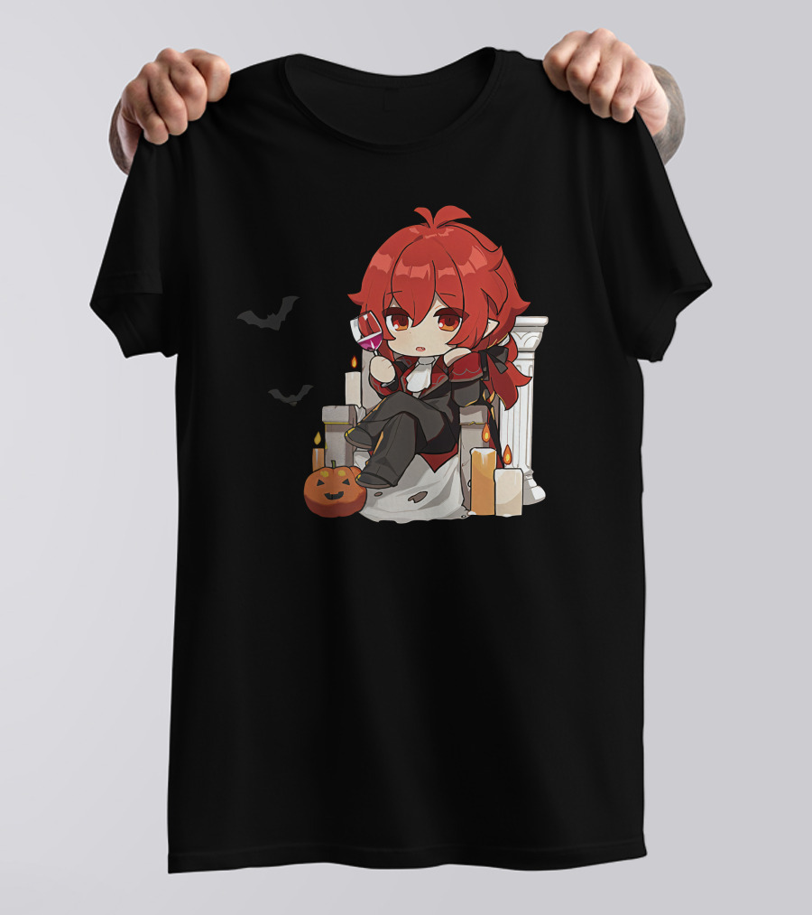 Genshin Impact Diluc Halloween Sitting With Wine And Jack-o'-Lantern T-Shirt