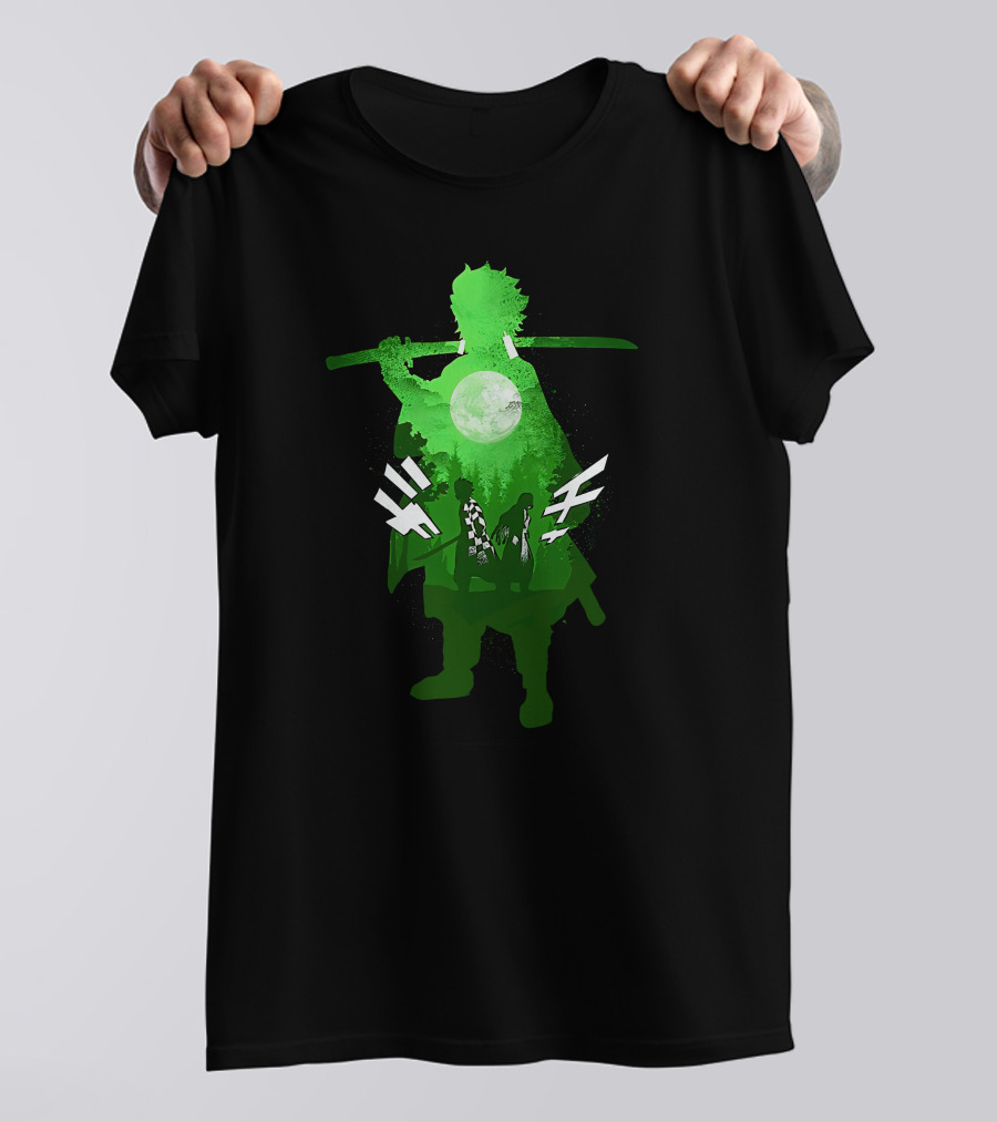 Demon Slayer Anime Tanjiro Kamado Green Silhouette With Moon And Sword T-Shirt