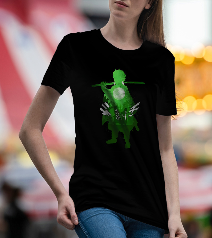 Demon Slayer Anime Tanjiro Kamado Green Silhouette With Moon And Sword T-Shirt