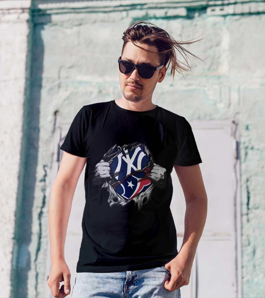 Texans Yankees Logo Fusion With Tearing Hands T-Shirt