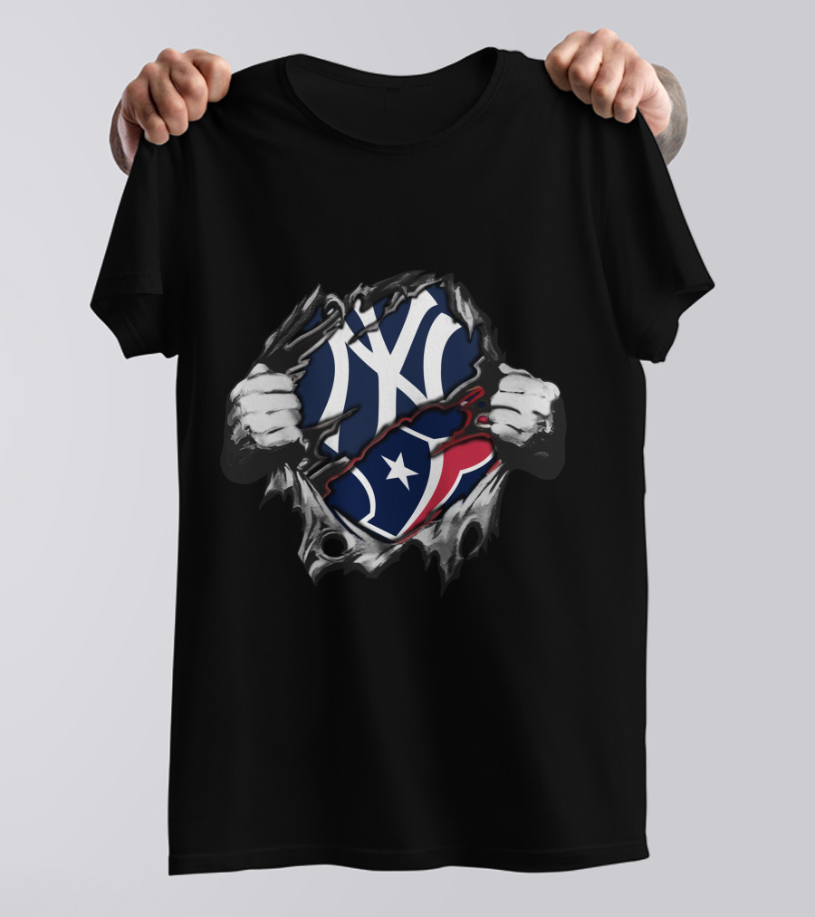 Texans Yankees Logo Fusion With Tearing Hands T-Shirt