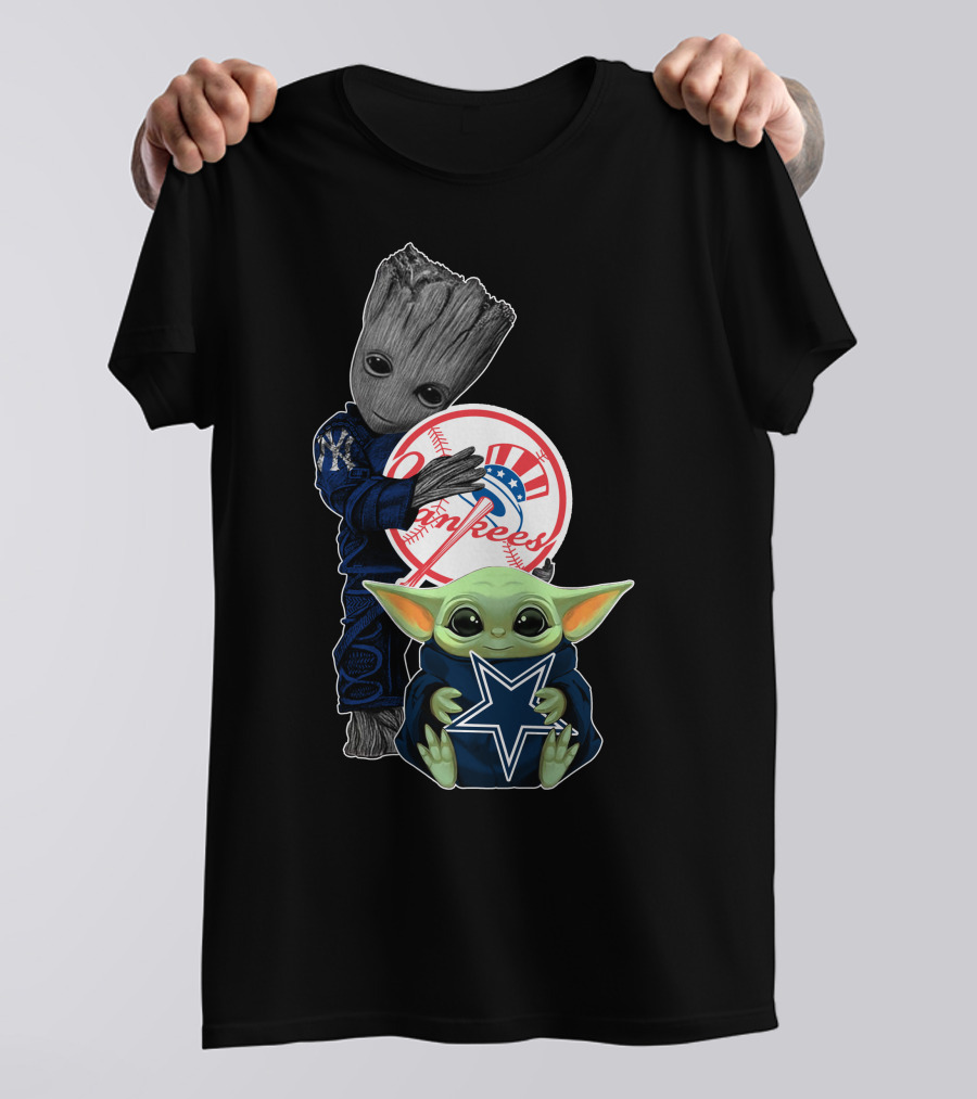 Yankees Cowboys Baby Groot And Baby Yoda Star Wars Crossover T-Shirt