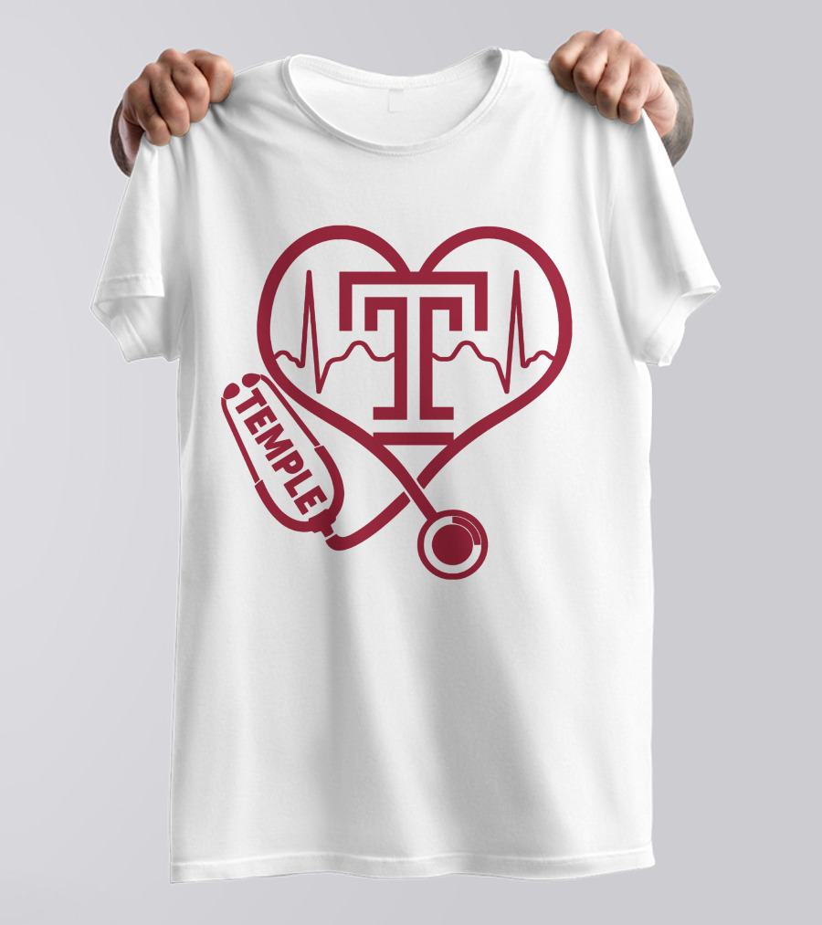 Nurse Love Temple Owls Football Stethoscope Heartbeat T-Shirt