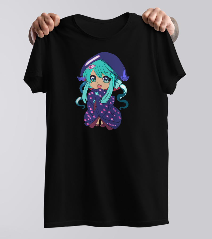 Chibi Girl Wrapped In Star-Patterned Blanket With Blue Hair And Pink Bow T-Shirt