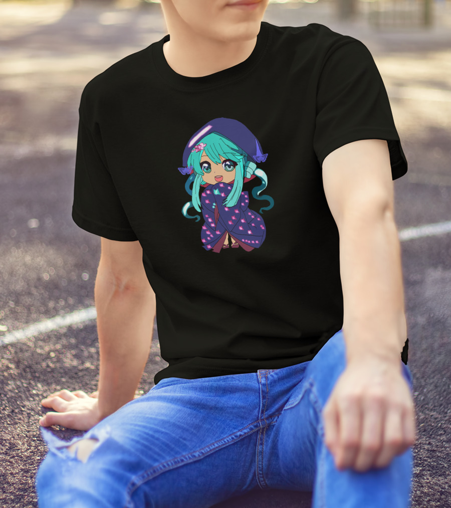Chibi Girl Wrapped In Star-Patterned Blanket With Blue Hair And Pink Bow T-Shirt