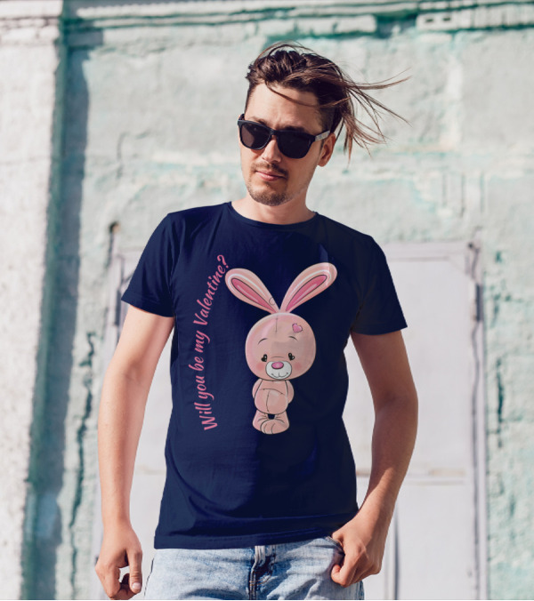 Will You Be My Valentine Pink Bunny With Heart Accent T-Shirt