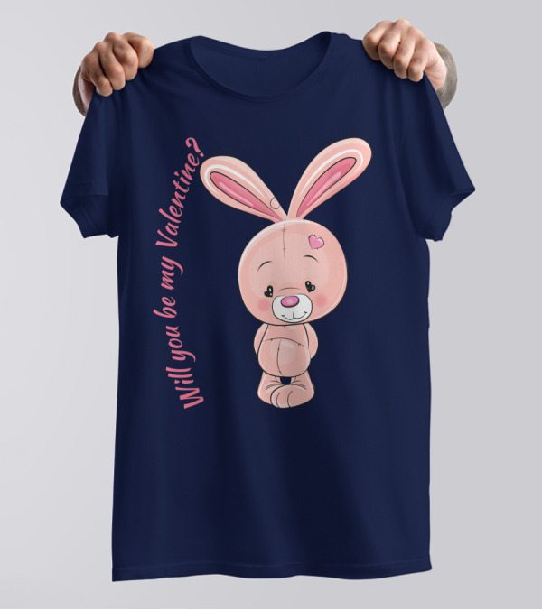 Will You Be My Valentine Pink Bunny With Heart Accent T-Shirt