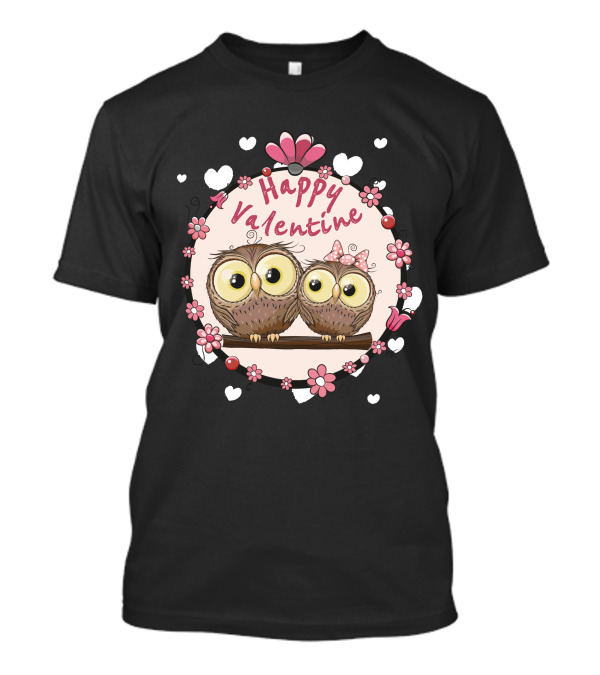 Happy Valentine Owls With Cute Flower Circle And Big Eyes T-Shirt