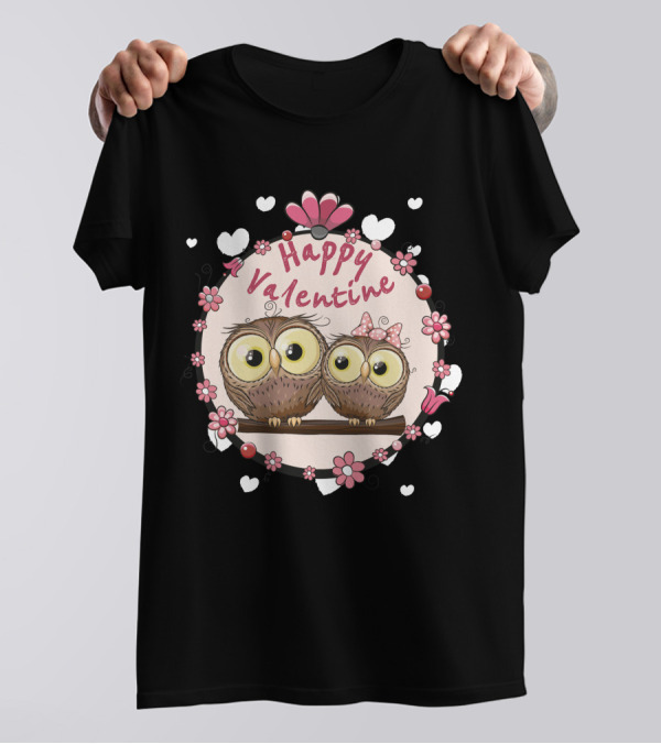 Happy Valentine Owls With Cute Flower Circle And Big Eyes T-Shirt