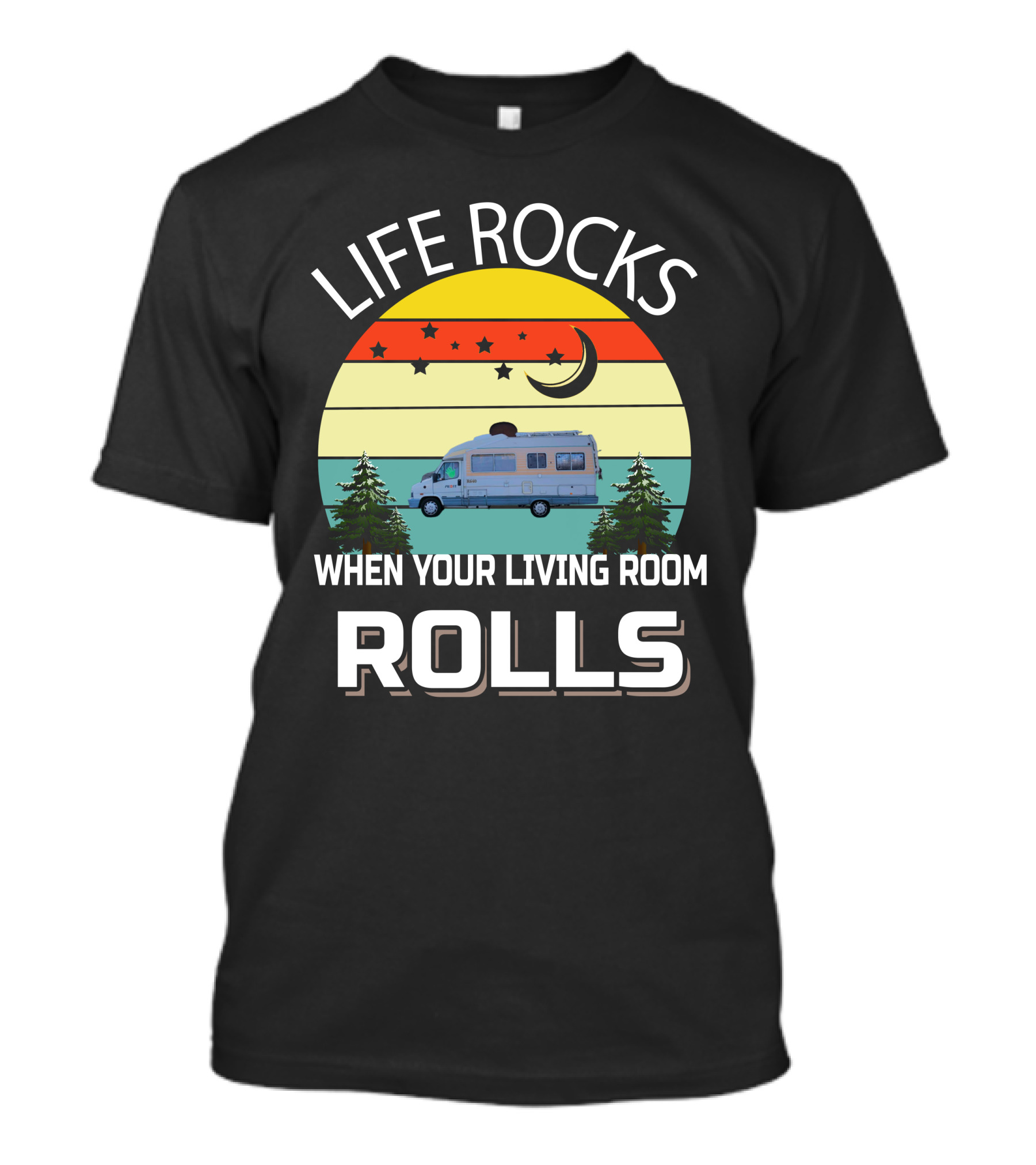 Life Rocks When Your Living Room Rolls Pilote Motorhomes Retro Sunset Campervan Scene T-Shirt