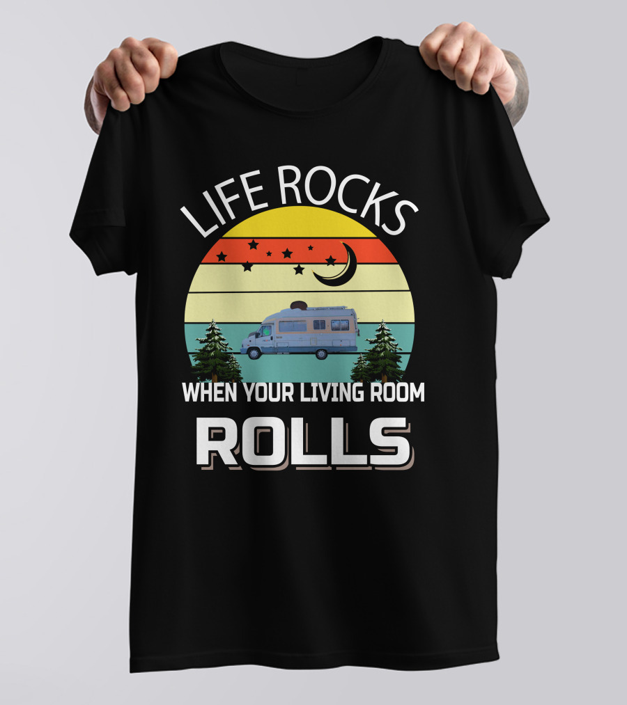 Life Rocks When Your Living Room Rolls Pilote Motorhomes Retro Sunset Campervan Scene T-Shirt