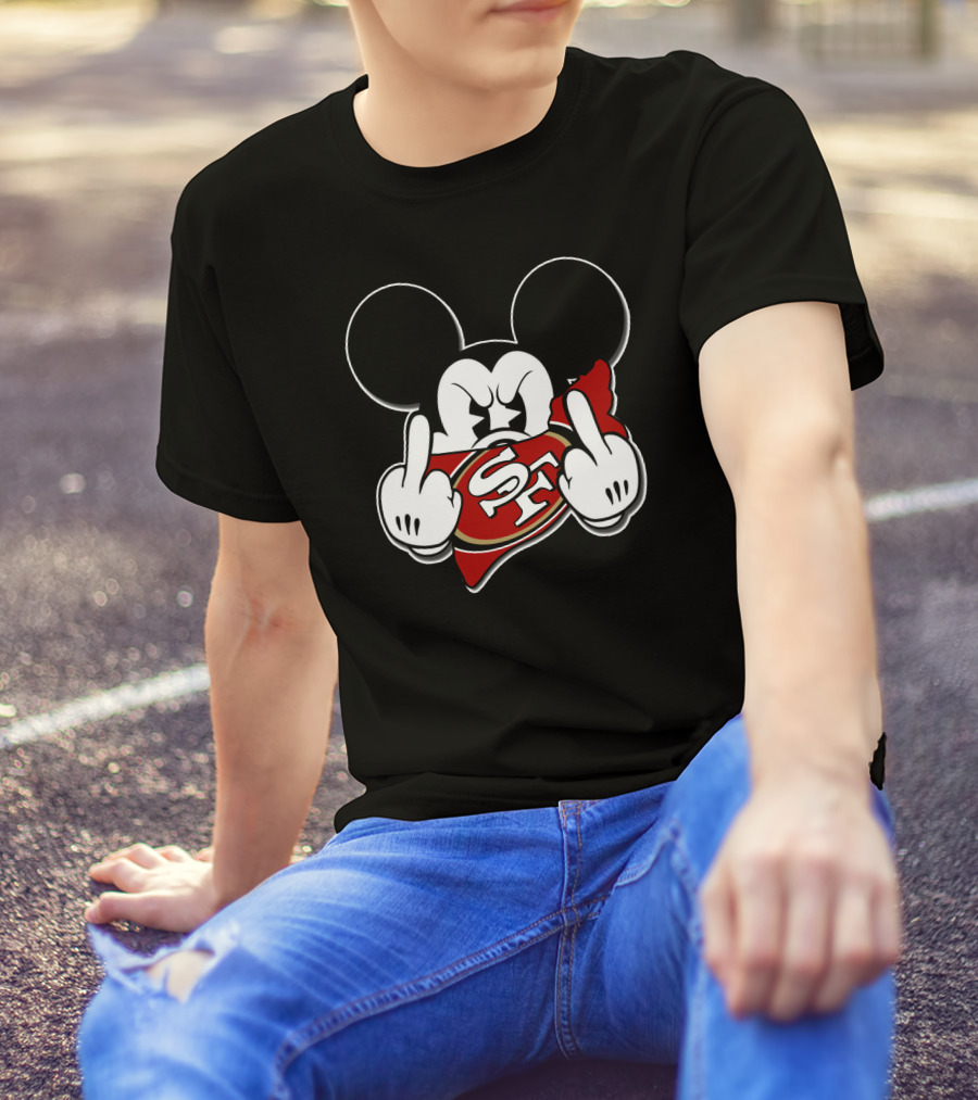Mickey Mouse With San Francisco 49ers Logo And Offensive Gesture T-Shirt