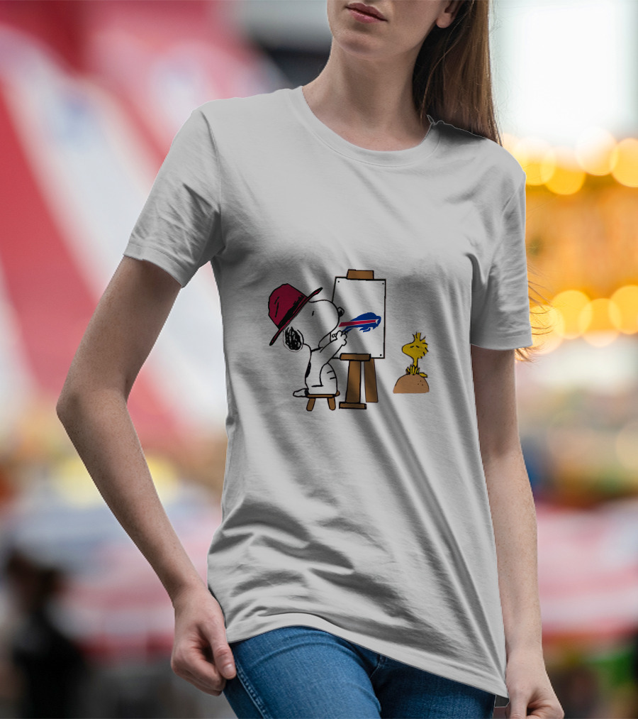 Snoopy Painting Buffalo Bills Logo With Woodstock T-Shirt