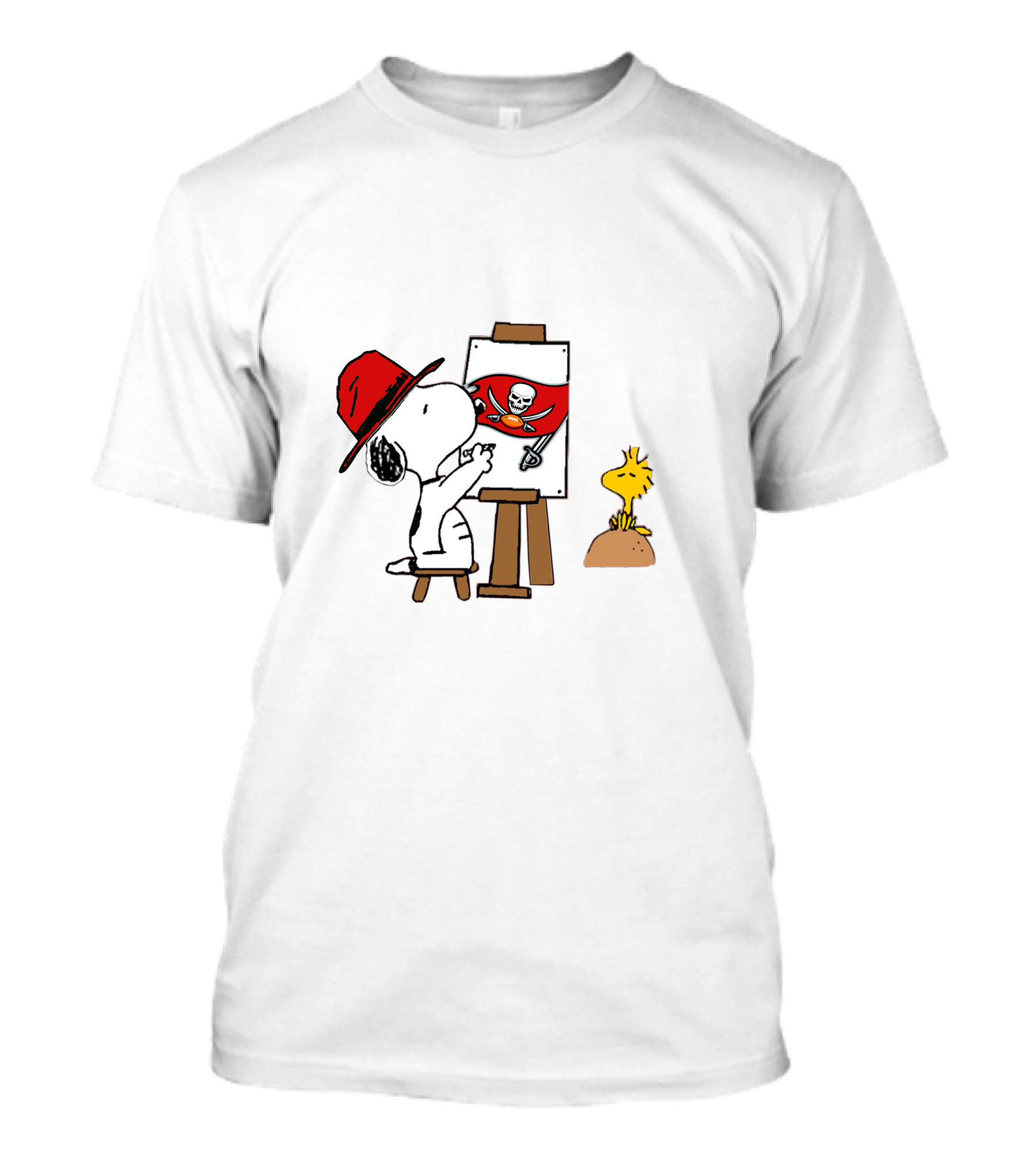 Buccaneers Painting Snoopy With Easel And Woodstock T-Shirt