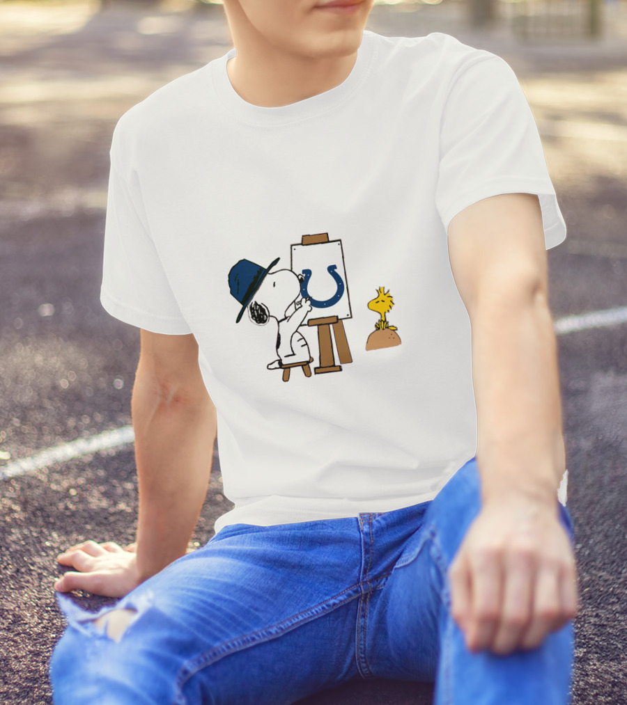 Snoopy Painting Indianapolis Colts Logo With Woodstock T-Shirt