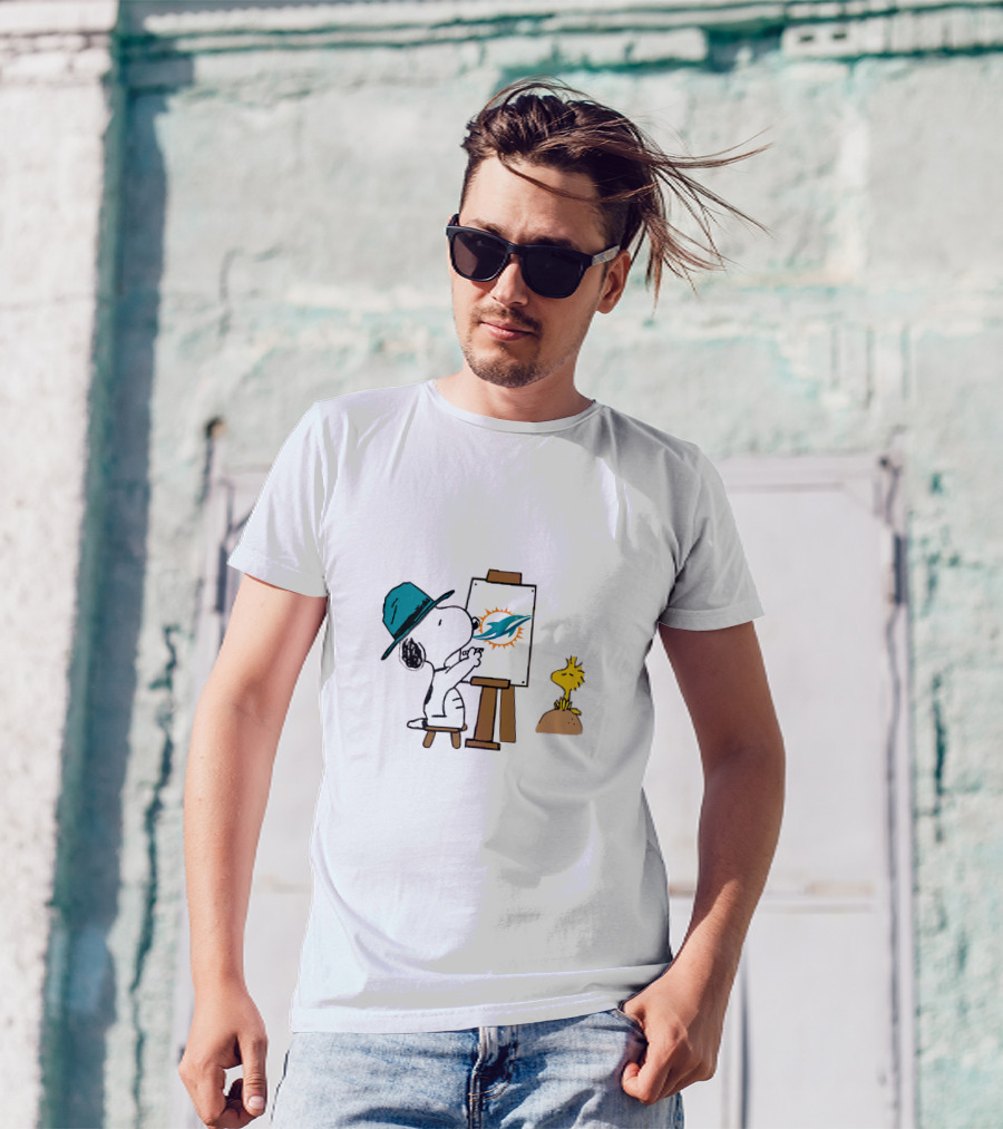 Snoopy Painting Miami Dolphins Logo With Woodstock T-Shirt