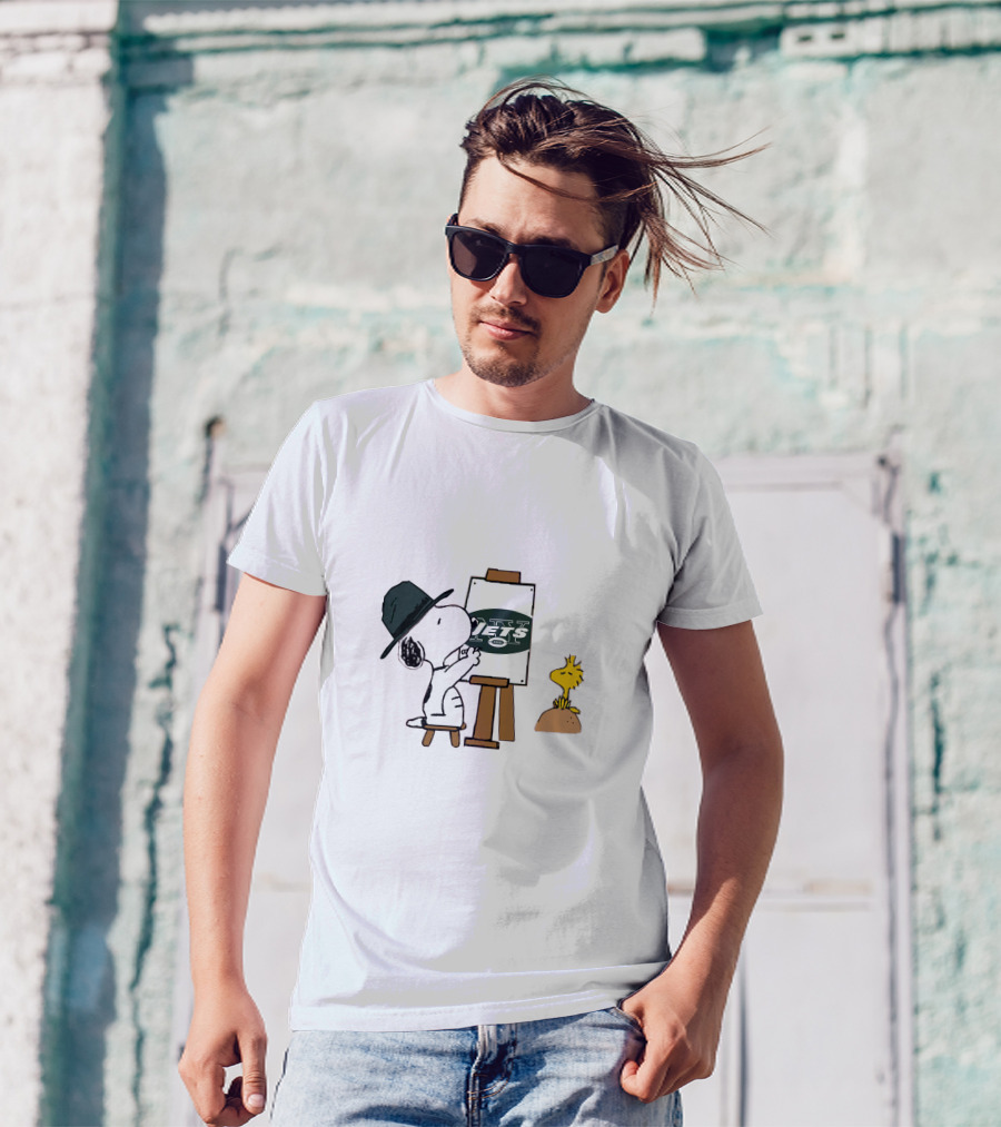 Painter Snoopy With Jets Logo And Woodstock T-Shirt