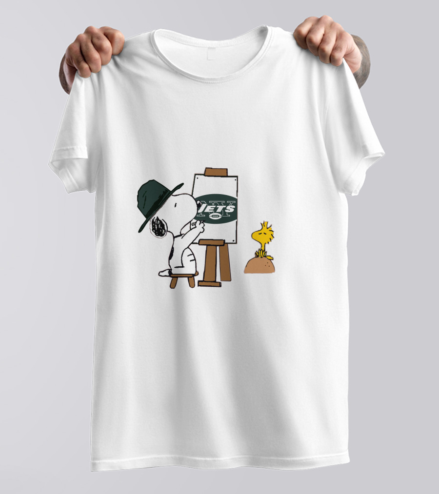 Painter Snoopy With Jets Logo And Woodstock T-Shirt