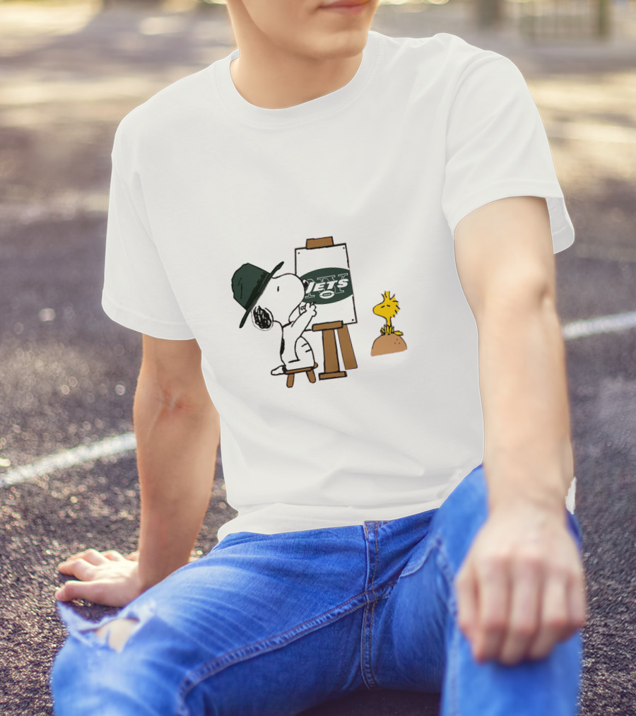 Painter Snoopy With Jets Logo And Woodstock T-Shirt