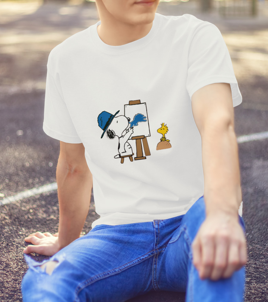 Snoopy Painting With Blue Brushstroke And Woodstock T-Shirt