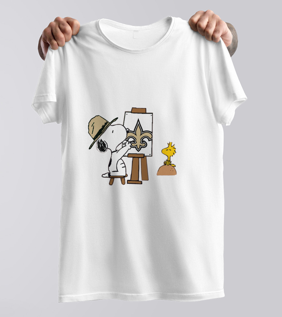 Snoopy Painting New Orleans Saints Fleur-De-Lis With Woodstock T-Shirt
