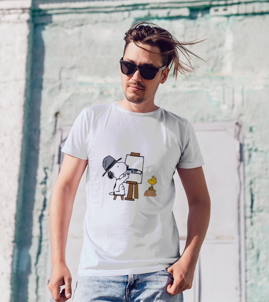 Snoopy Painting Seahawks Logo With Woodstock T-Shirt