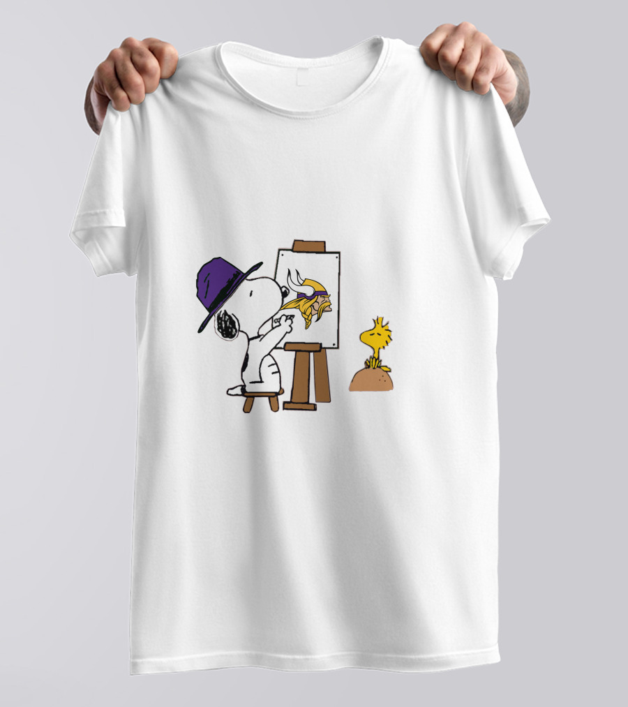Snoopy Painting Minnesota Vikings Logo With Woodstock T-Shirt