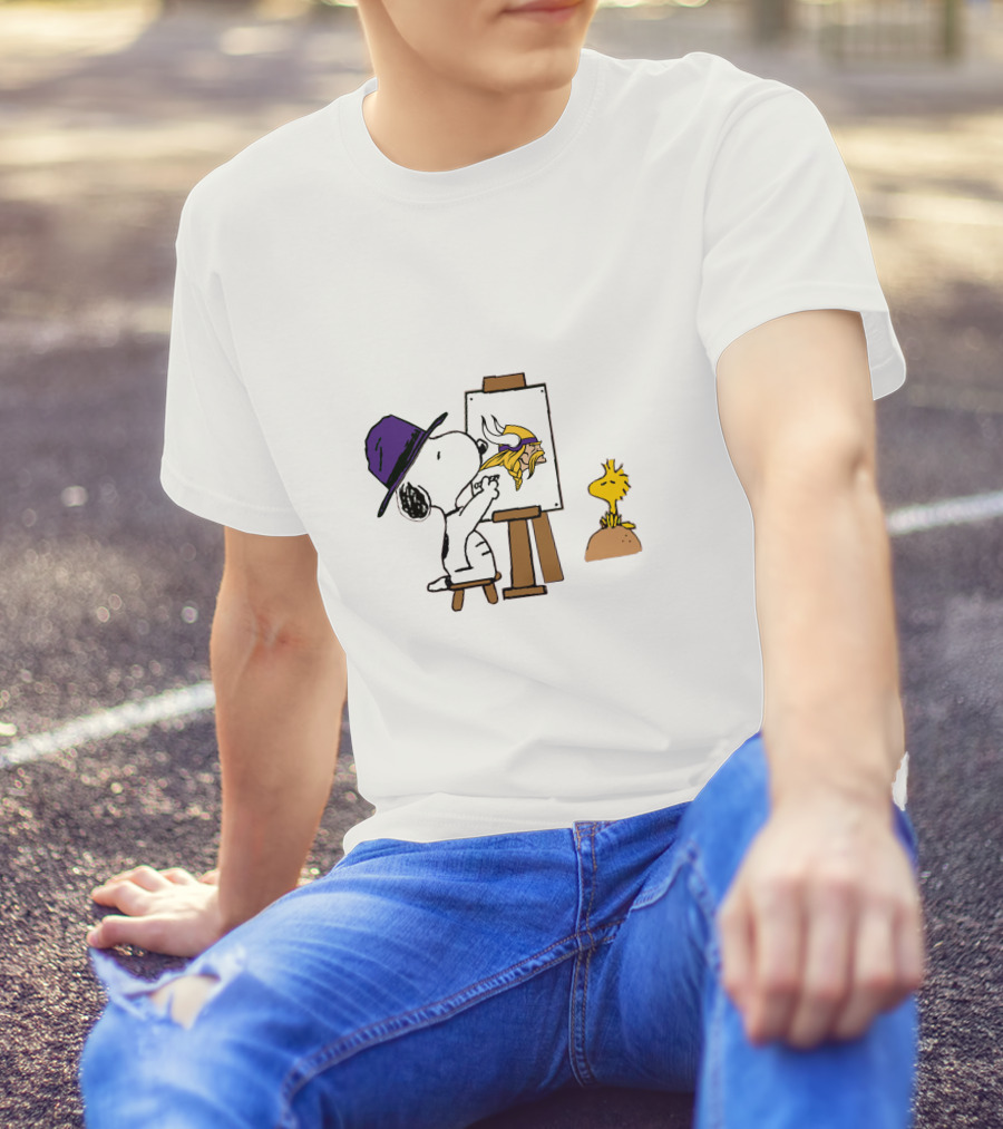 Snoopy Painting Minnesota Vikings Logo With Woodstock T-Shirt